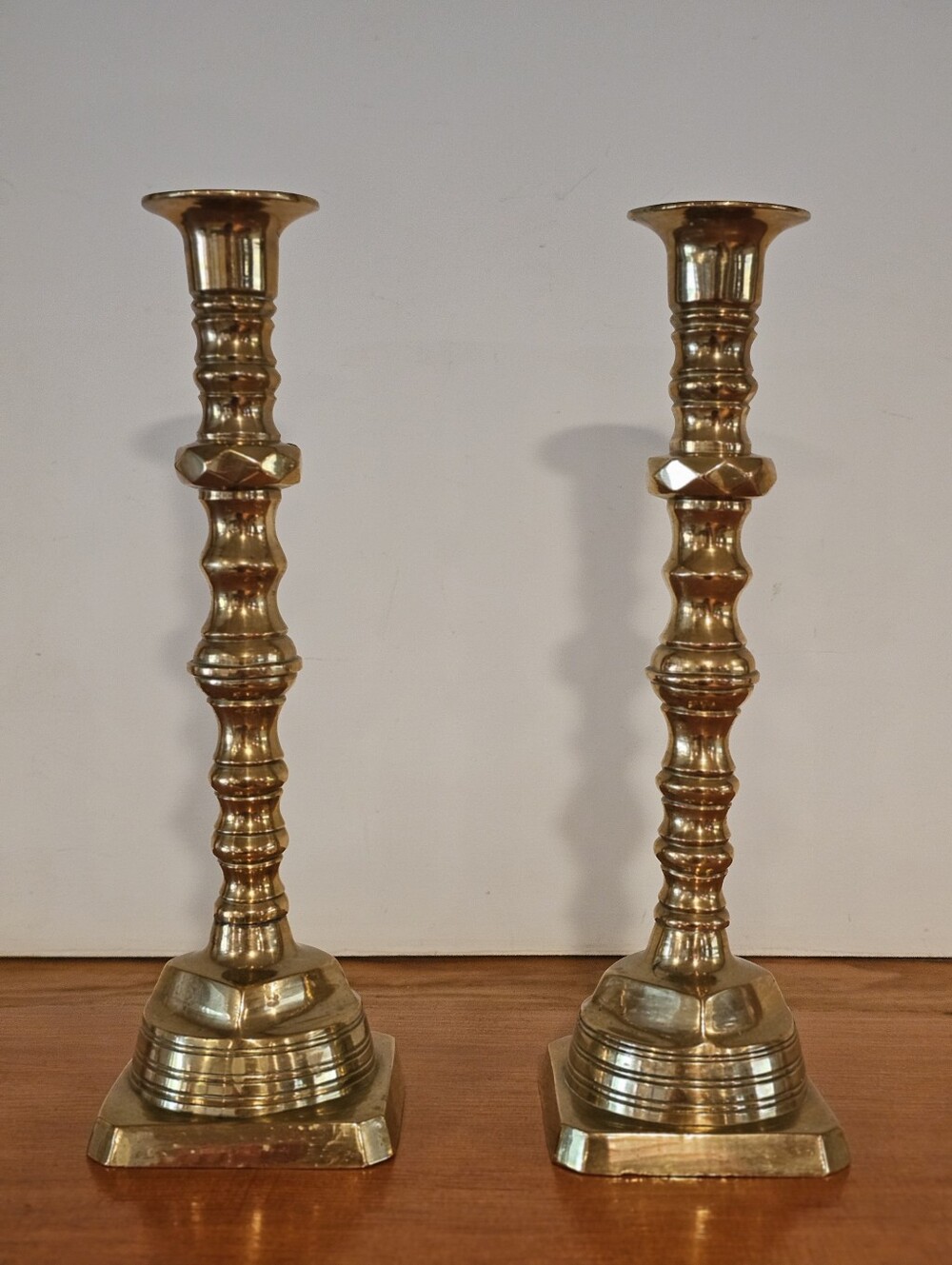 Pair of 11.5" Tall English Beehive and Diamond Taper Holders, 19th Century Heavy